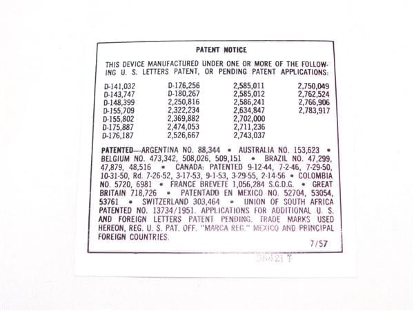 Vendo Patent Notice Decal Dated 7 57